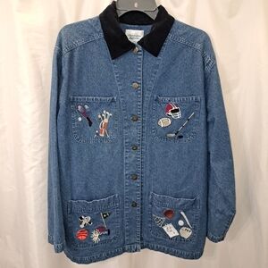 Christopher & Banks Jean Jacket Sz L Sports Embroidered. Cottage Core EUC